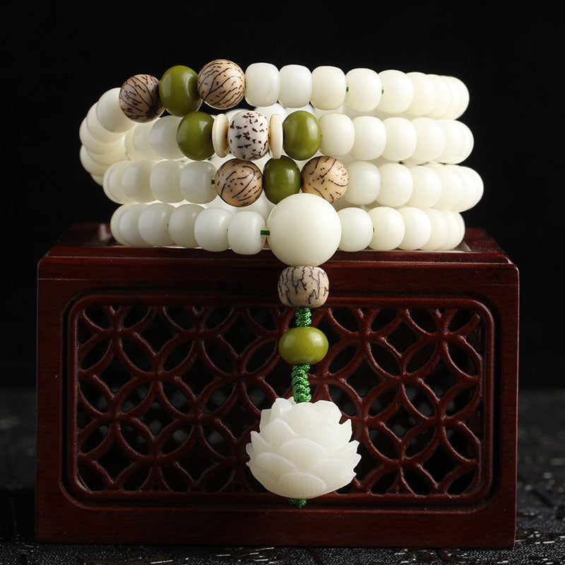 White Jade Bodhi Seed and Lotus 108-Bead Mala from Tibet Stones