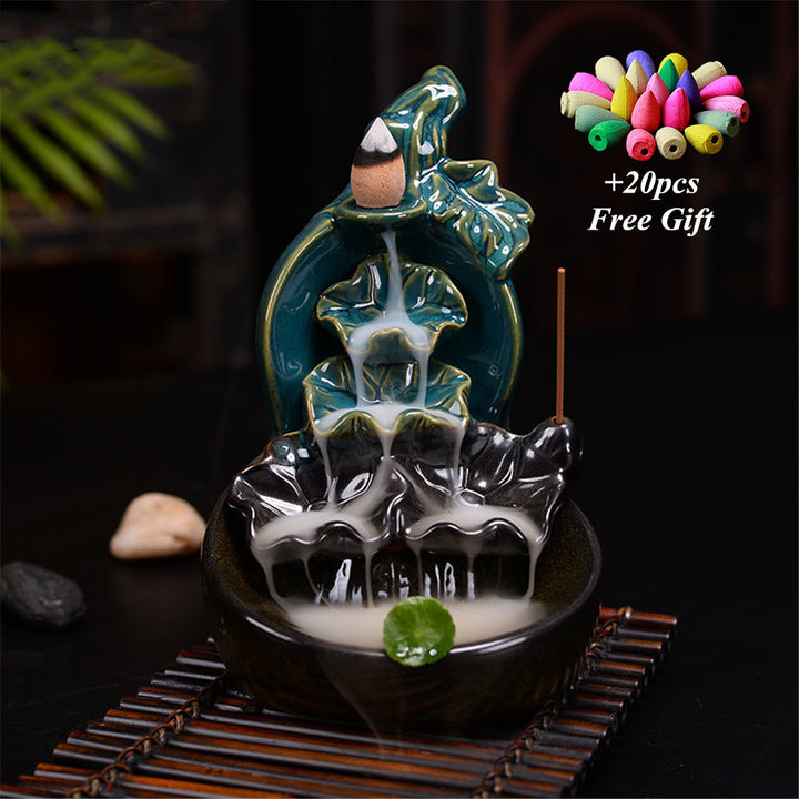 Green Glazed Ceramic Gourd Lotus Backflow Incense Burner