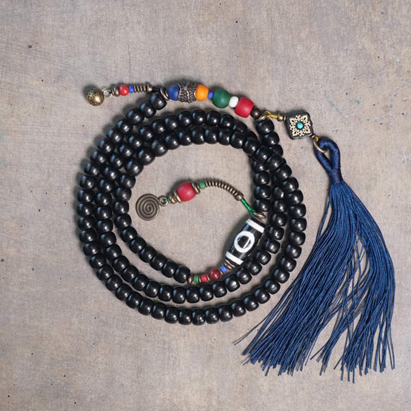 Ebony Wood Dzi Bead Copper 108-Bead Mala Bracelet — main product view