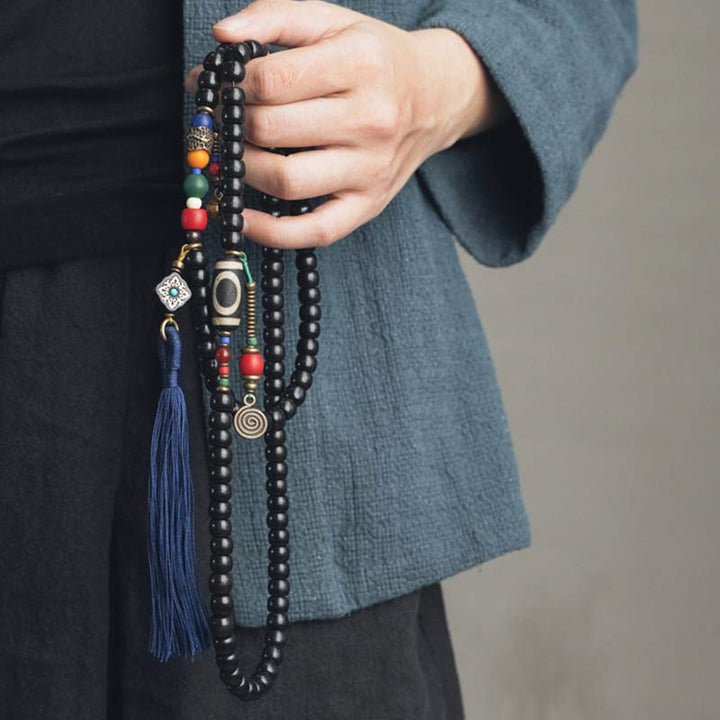 Ebony Wood Dzi Bead Copper 108-Bead Mala Bracelet — product view 2
