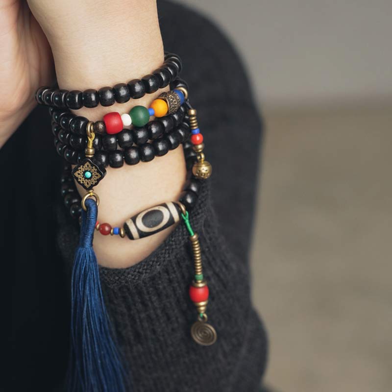 Ebony Wood Dzi Bead Copper 108-Bead Mala Bracelet — product view 3