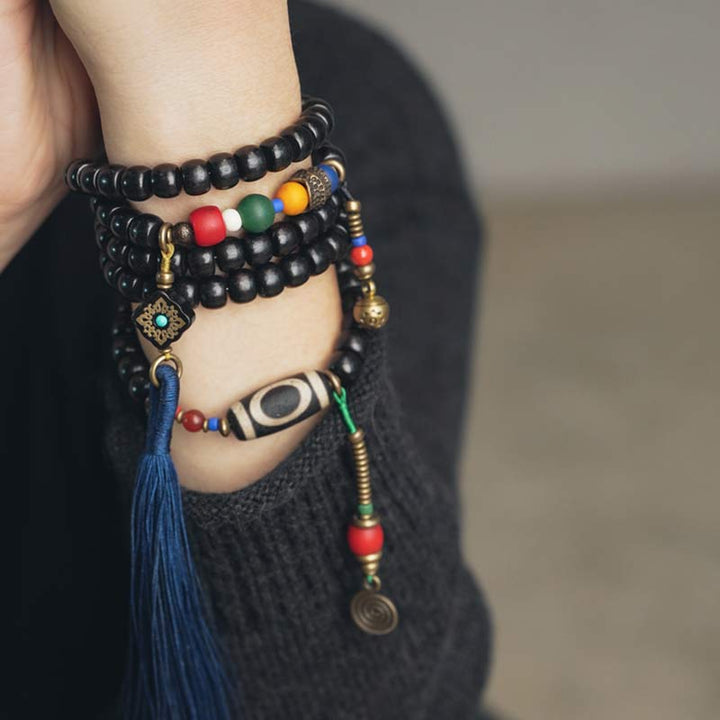 Ebony Wood Dzi Bead Copper 108-Bead Mala Bracelet — product view 3