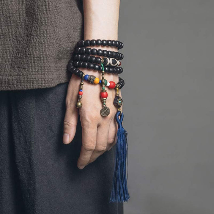 Ebony Wood Dzi Bead Copper 108-Bead Mala Bracelet — product view 4