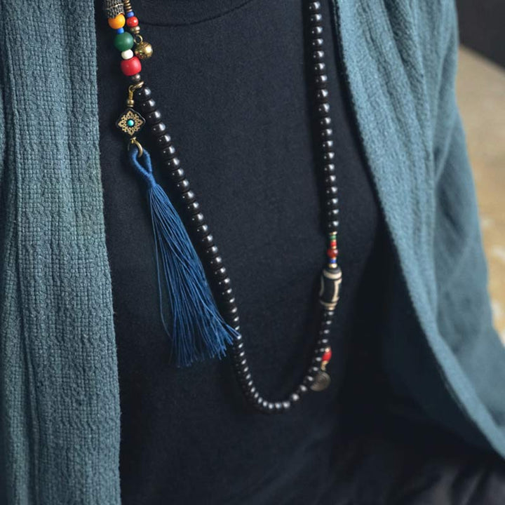 Ebony Wood Dzi Bead Copper 108-Bead Mala Bracelet — product view 6