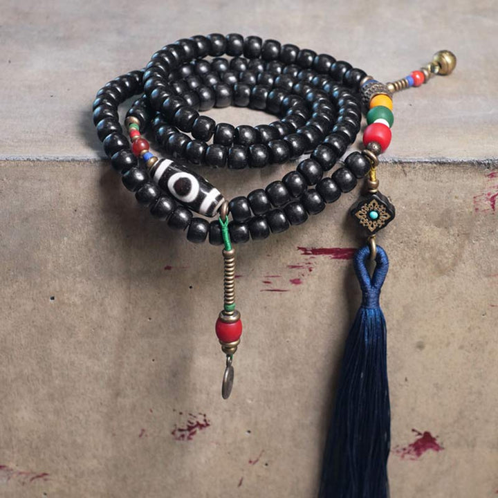 Ebony Wood Dzi Bead Copper 108-Bead Mala Bracelet — product view 8