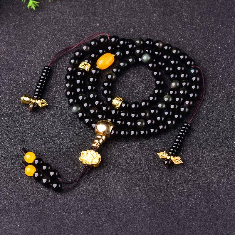Black Obsidian Lotus 108-Bead Mala Bracelet — main product view