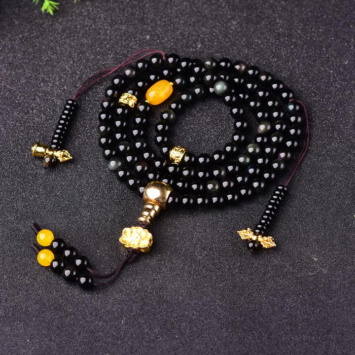 Black Obsidian Lotus 108-Bead Mala Bracelet — main product view