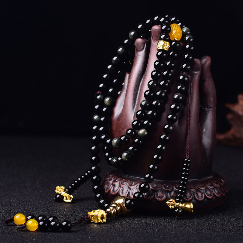 Black Obsidian Lotus 108-Bead Mala Bracelet — product view 2