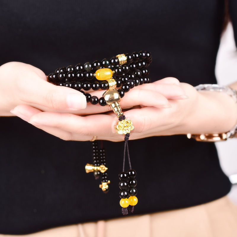 Black Obsidian Lotus 108-Bead Mala Bracelet — product view 3