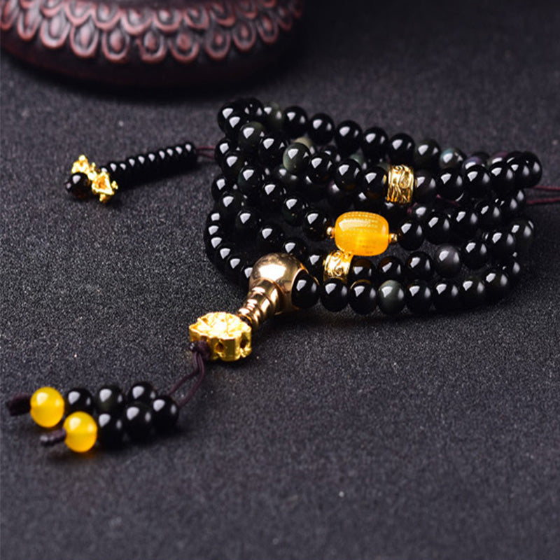 Black Obsidian Lotus 108-Bead Mala Bracelet — product view 4