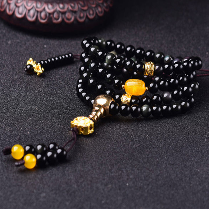 Black Obsidian Lotus 108-Bead Mala Bracelet — product view 4