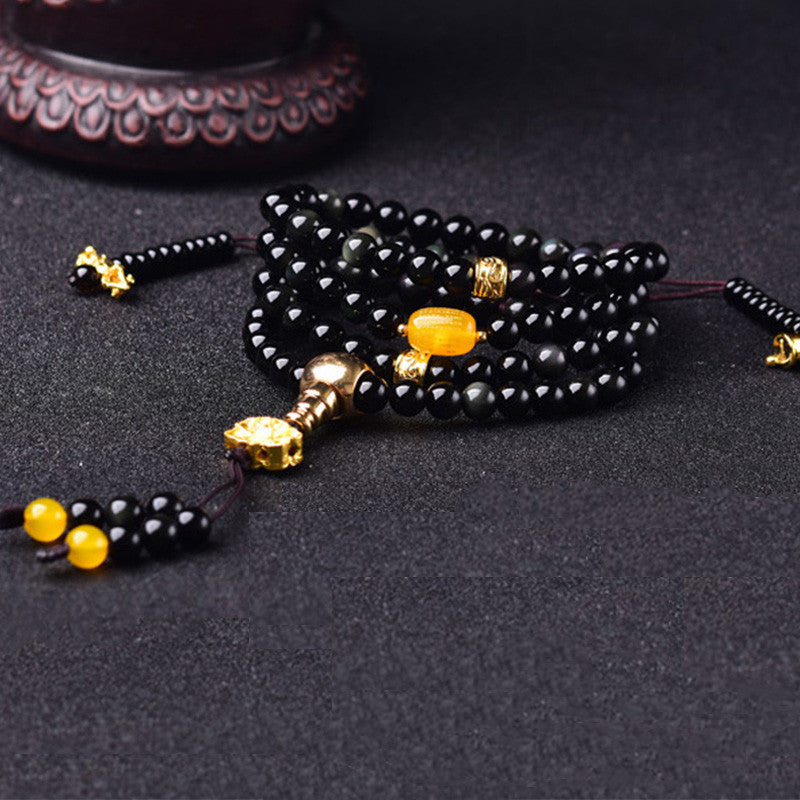 Black Obsidian Lotus 108-Bead Mala Bracelet — product view 6