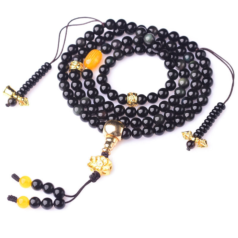 Black Obsidian Lotus 108-Bead Mala Bracelet — product view 7