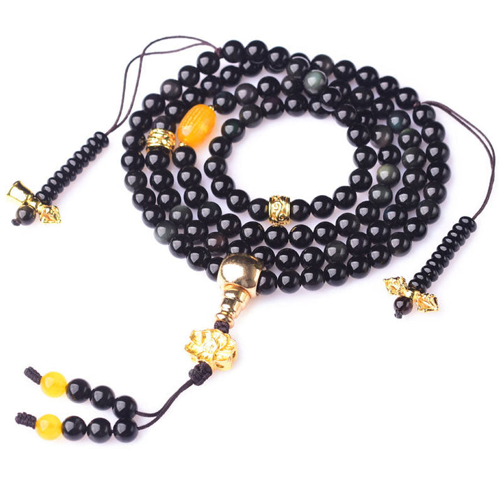 Black Obsidian Lotus 108-Bead Mala Bracelet — product view 7