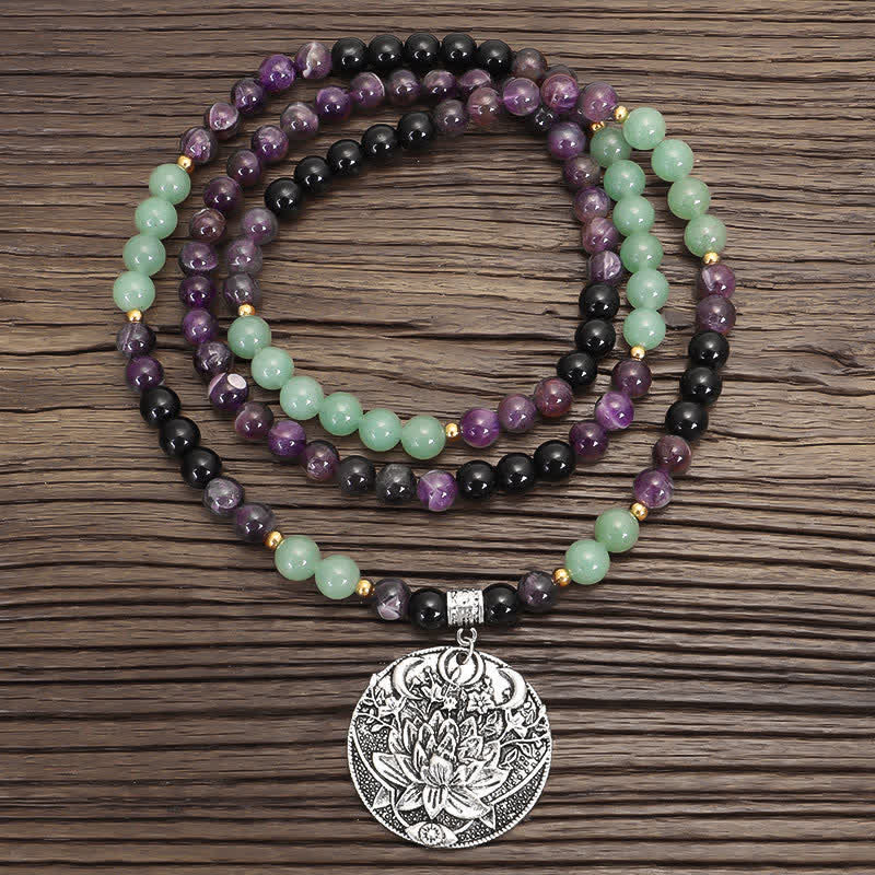 Amethyst Green Aventurine Lotus 108-Bead Mala Bracelet — main product view