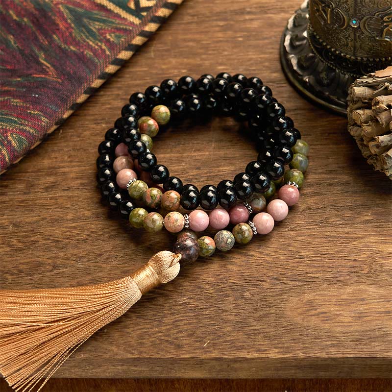 Black Jasper Rhodonite Khaki 108-Bead Mala Bracelet — main product view