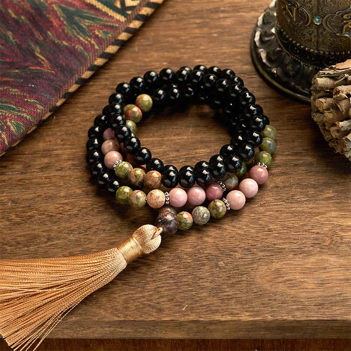 Black Jasper Rhodonite Khaki 108-Bead Mala Bracelet — main product view