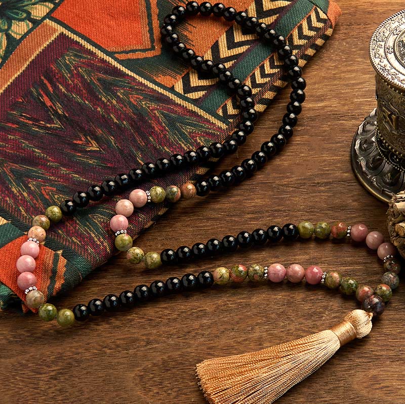 Black Jasper Rhodonite Khaki 108-Bead Mala Bracelet — product view 2