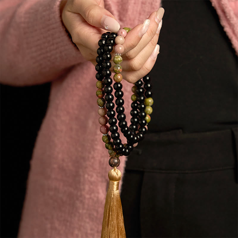 Black Jasper Rhodonite Khaki 108-Bead Mala Bracelet — product view 3