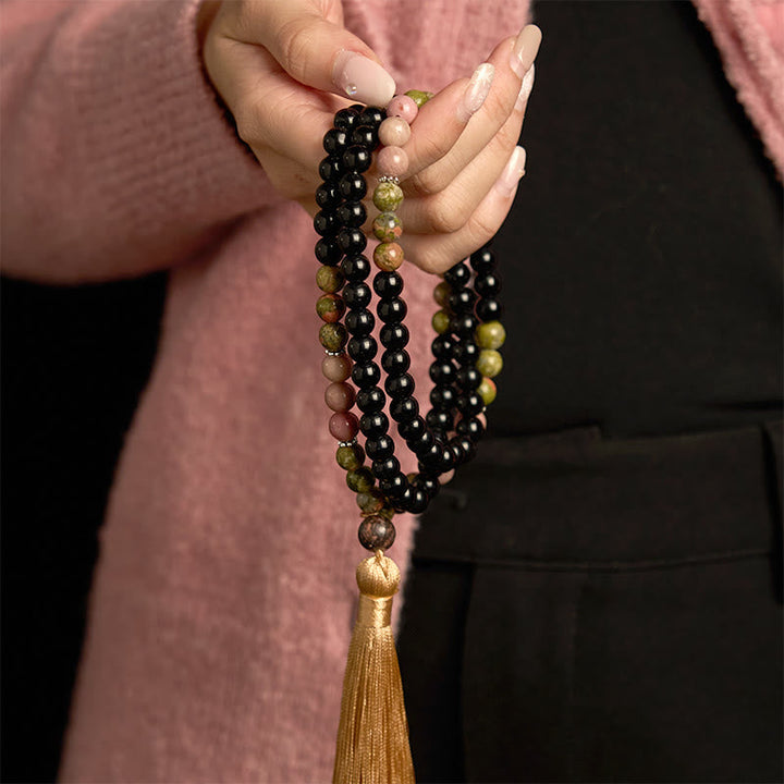Black Jasper Rhodonite Khaki 108-Bead Mala Bracelet — product view 3