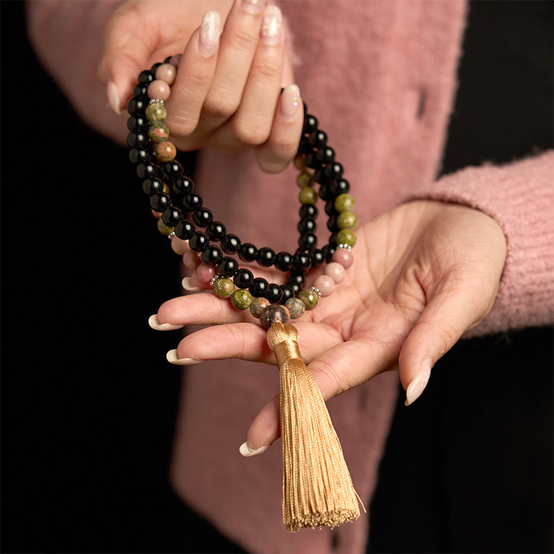 Black Jasper Rhodonite Khaki 108-Bead Mala Bracelet — product view 4