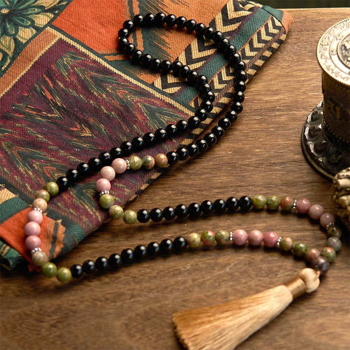 Black Jasper Rhodonite Khaki 108-Bead Mala Bracelet — product view 6