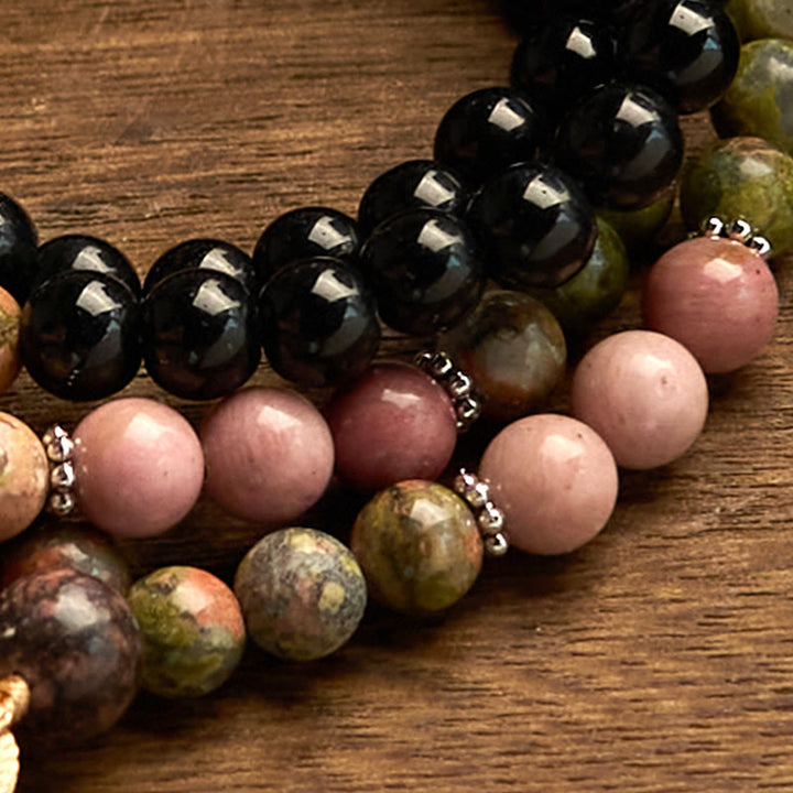 Black Jasper Rhodonite Khaki 108-Bead Mala Bracelet — product view 7