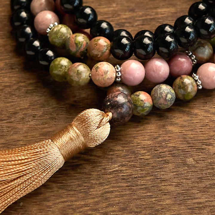 Black Jasper Rhodonite Khaki 108-Bead Mala Bracelet — product view 8