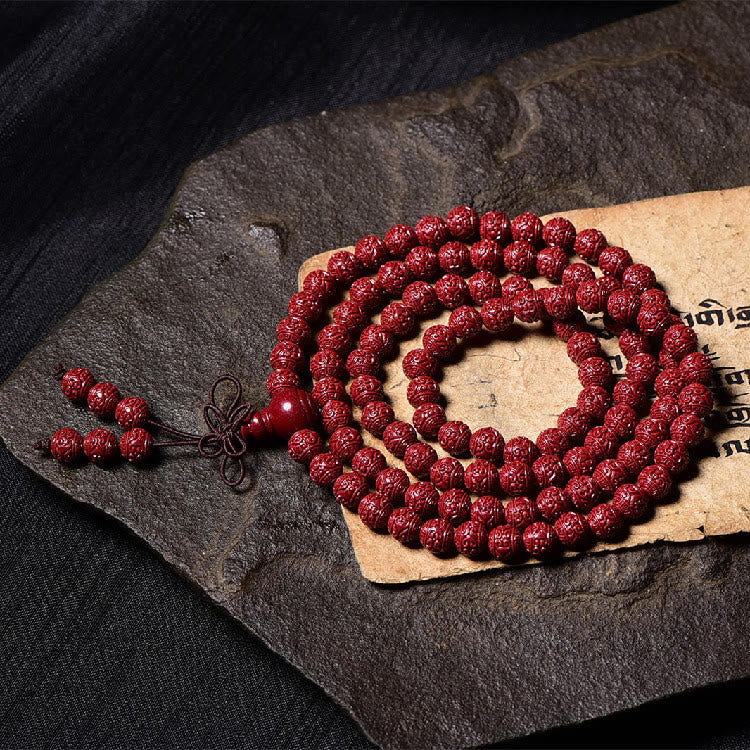 Cinnabar Om Mani Padme Hum Pattern Engraved 108-Bead Mala Bracelet — product view 5