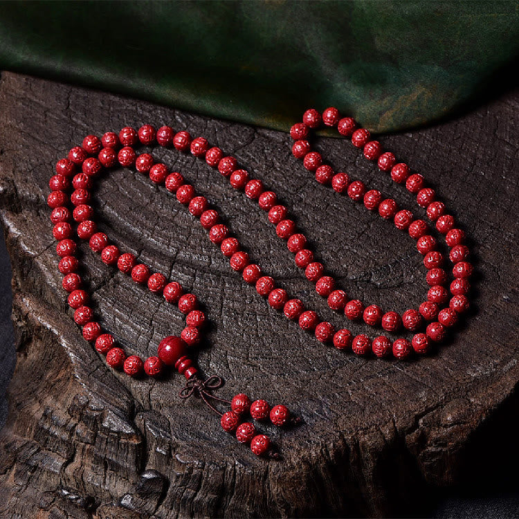 Cinnabar Om Mani Padme Hum Pattern Engraved 108-Bead Mala Bracelet — product view 7