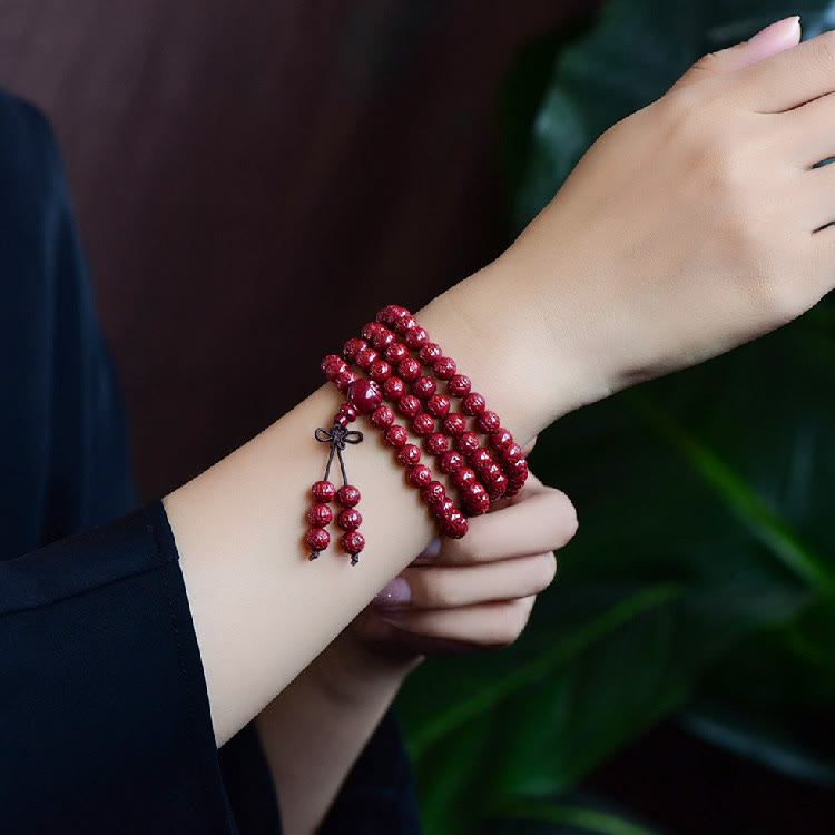 Cinnabar Om Mani Padme Hum Pattern Engraved 108-Bead Mala Bracelet — product view 11