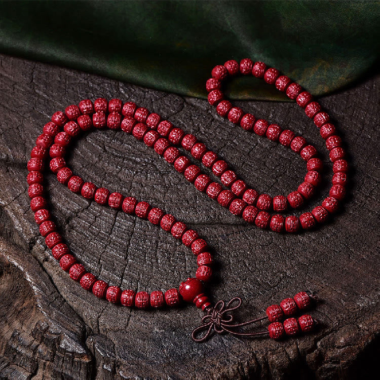 Cinnabar Om Mani Padme Hum Pattern Engraved 108-Bead Mala Bracelet — product view 12