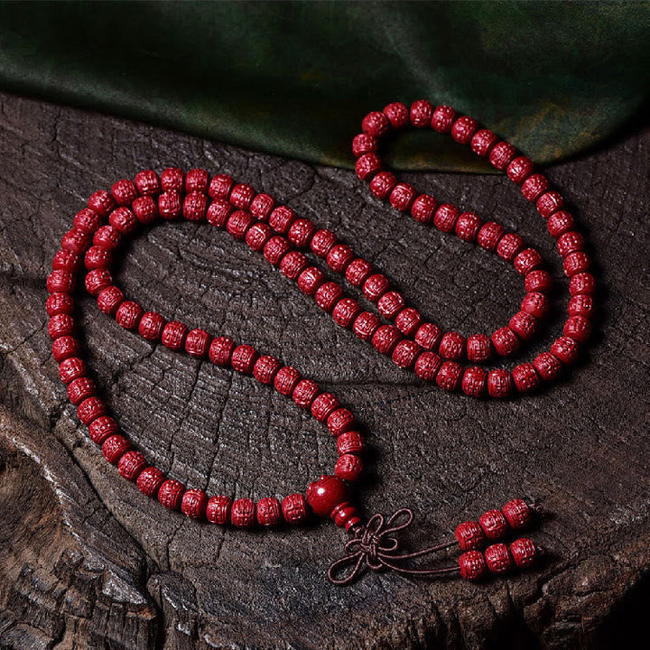 Cinnabar Om Mani Padme Hum Pattern Engraved 108-Bead Mala Bracelet — product view 12