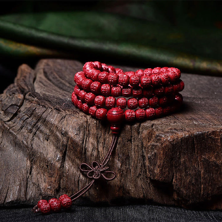 Cinnabar Om Mani Padme Hum Pattern Engraved 108-Bead Mala Bracelet — product view 14