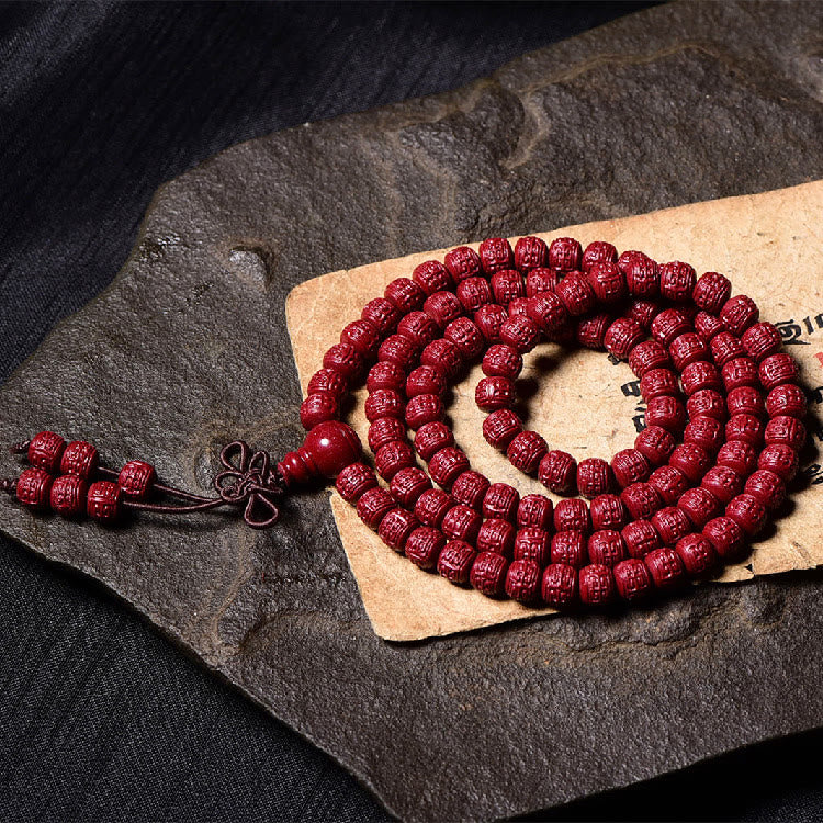 Cinnabar Om Mani Padme Hum Pattern Engraved 108-Bead Mala Bracelet — product view 15