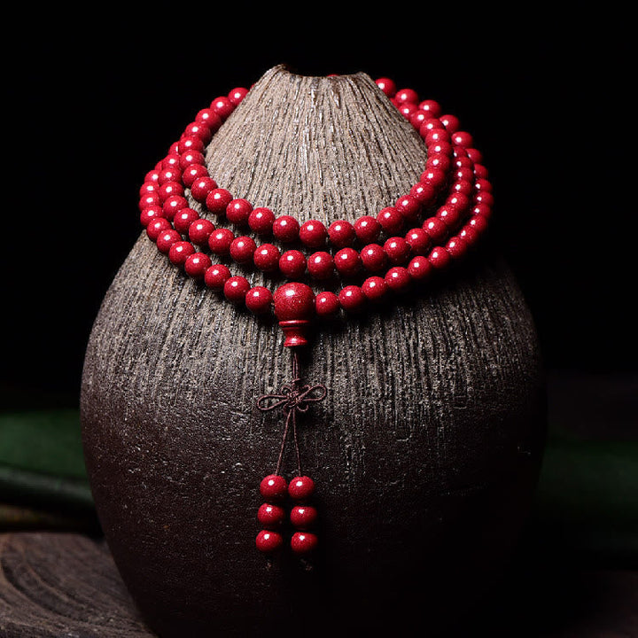 Cinnabar Om Mani Padme Hum Pattern Engraved 108-Bead Mala Bracelet — product view 19