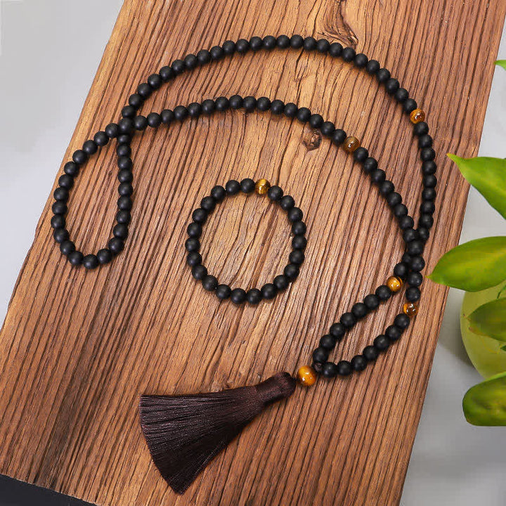 Frosted Stone Tiger Eye Pendant 108-Bead Mala Necklace & Bracelet — main product view