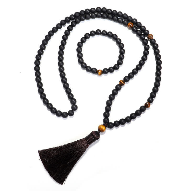 Frosted Stone Tiger Eye Pendant 108-Bead Mala Necklace & Bracelet — product view 10