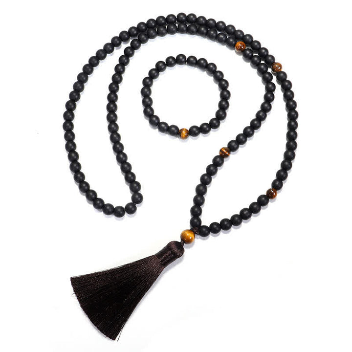 Frosted Stone Tiger Eye Pendant 108-Bead Mala Necklace & Bracelet — product view 10