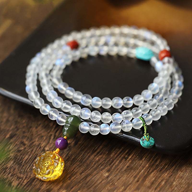 Moonstone Amber Lotus Turquoise Crystal 108-Bead Mala Bracelet — main product view