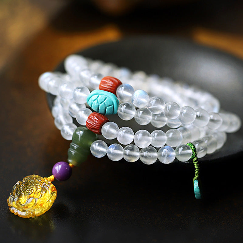 Moonstone Amber Lotus Turquoise Crystal 108-Bead Mala Bracelet — product view 2
