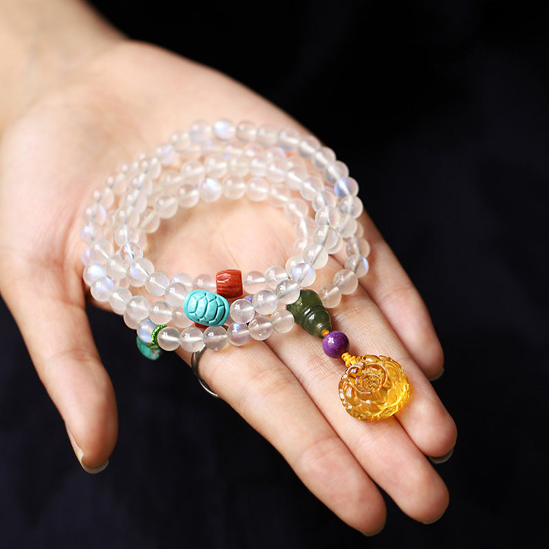 Moonstone Amber Lotus Turquoise Crystal 108-Bead Mala Bracelet — product view 5