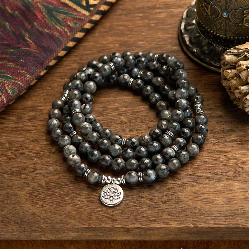 Multi-Layer Black Glitter Stone Lotus Positivity 108-Bead Mala Bracelet — main product view