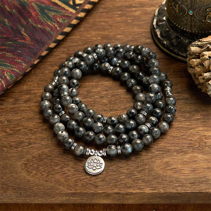 Multi-Layer Black Glitter Stone Lotus Positivity 108-Bead Mala Bracelet — main product view