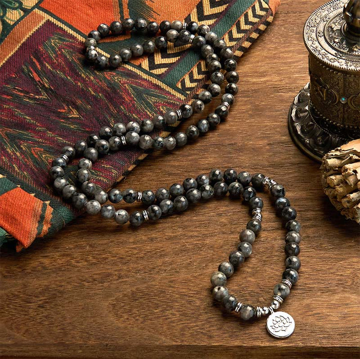 Multi-Layer Black Glitter Stone Lotus Positivity 108-Bead Mala Bracelet — product view 2