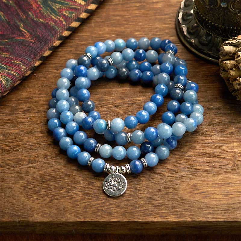 Multi-Layer Blue Aventurine Lotus 108-Bead Mala Bracelet — main product view
