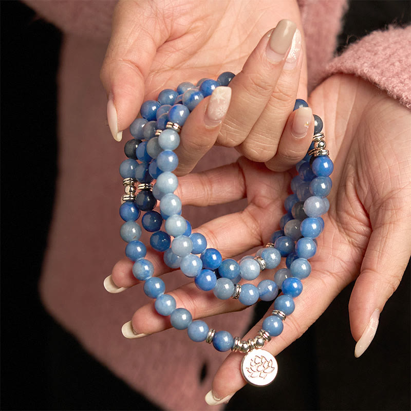 Multi-Layer Blue Aventurine Lotus 108-Bead Mala Bracelet — product view 5