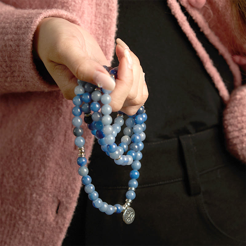 Multi-Layer Blue Aventurine Lotus 108-Bead Mala Bracelet — product view 8