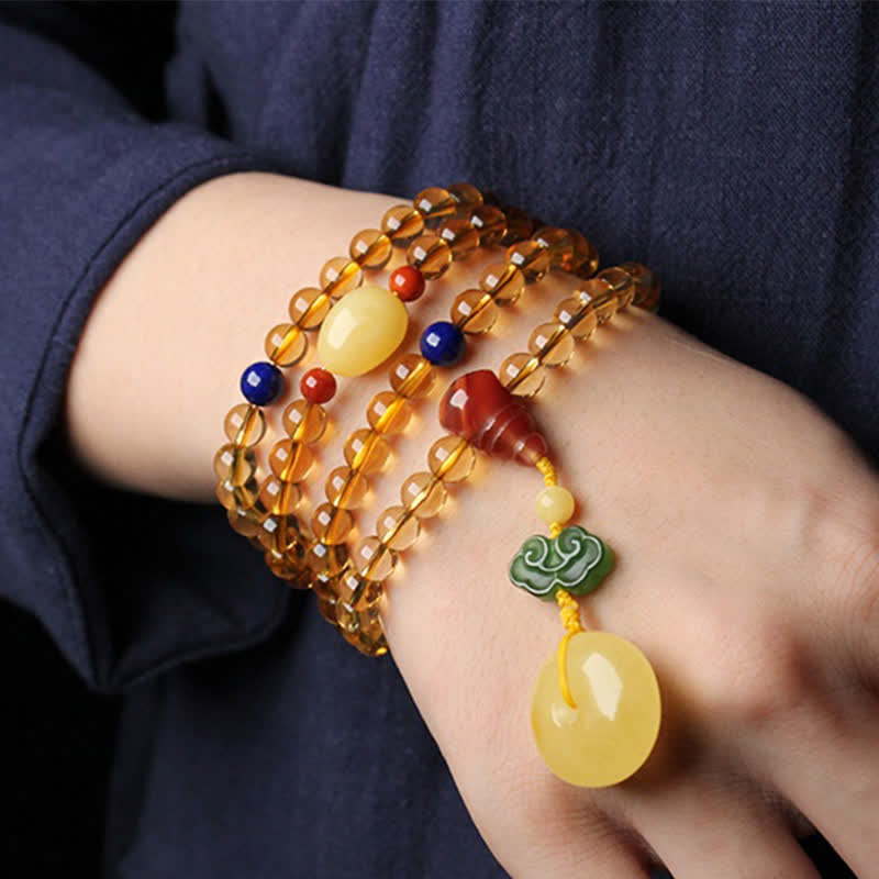 Citrine Amber Buckle Red Agate Pi Xiu 108-Bead Mala Bracelet — product view 3