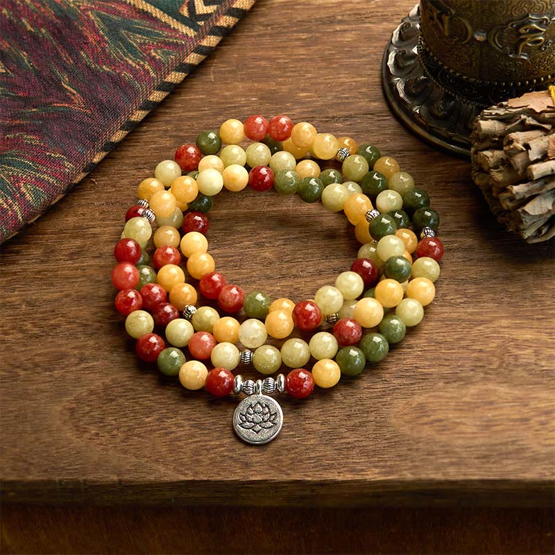 Colored Stone Topaz Red Jasper Green Jasper Lotus 108-Bead Mala Bracelet — main product view